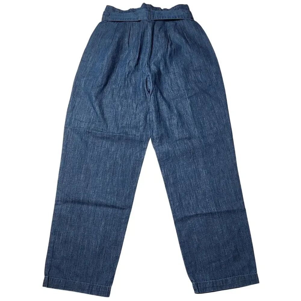 J Crew Chambray Paper Bag Jeans Tie Waist Relaxed Crop Wide Leg Cotton Hemp 0 - Picture 4 of 10